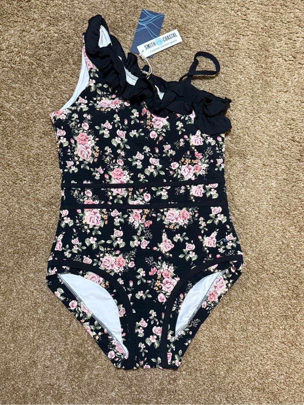 Sleeveless Floral Ruffle One-Shoulder Bodysuit - Black with Pink Floral - Picture 2 of 4